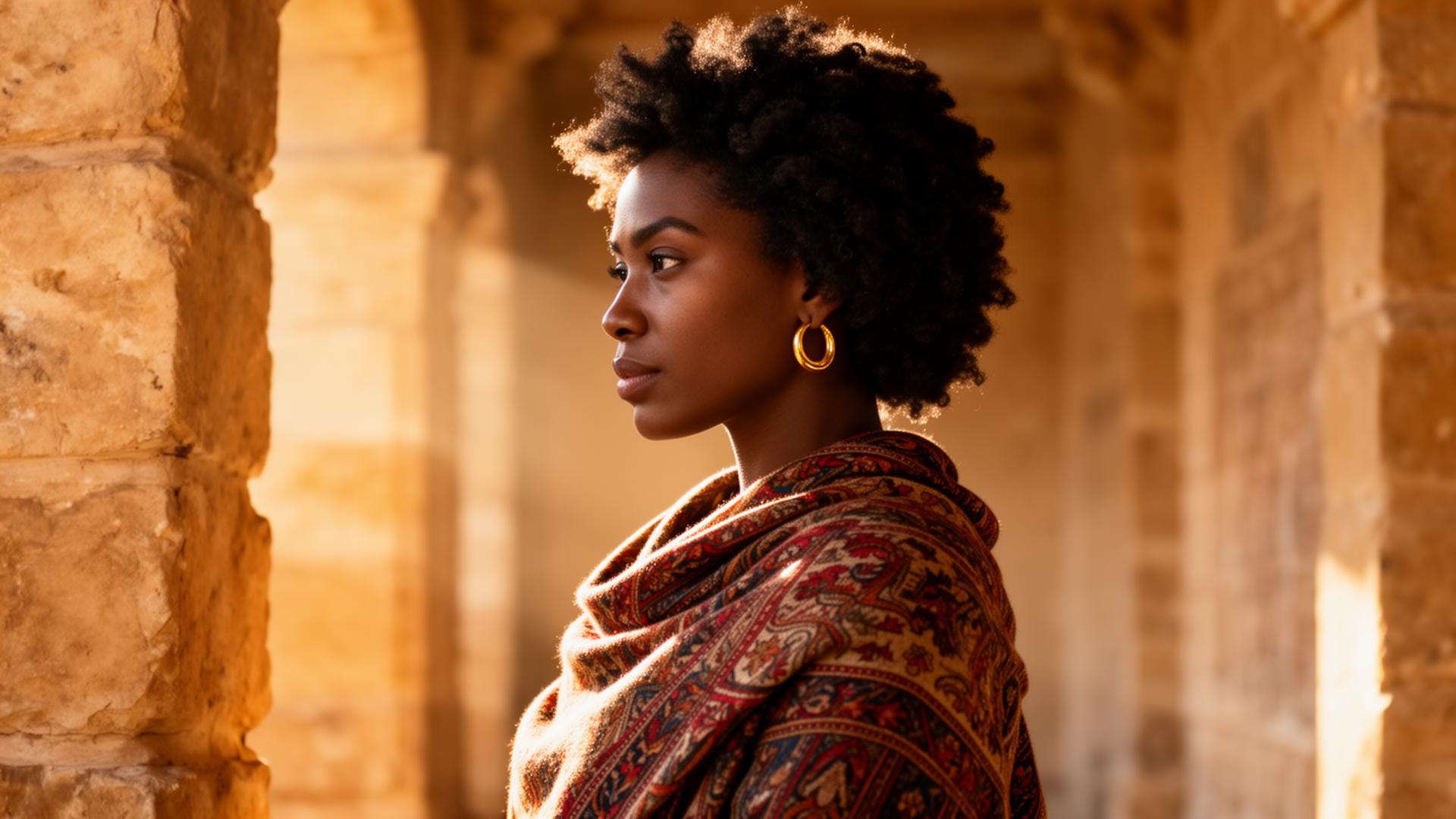 A traveler in a richly patterned shawl stands in warm stone architecture at golden hour.